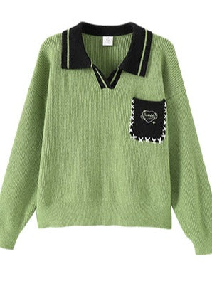 Polo collar pocket design knit top