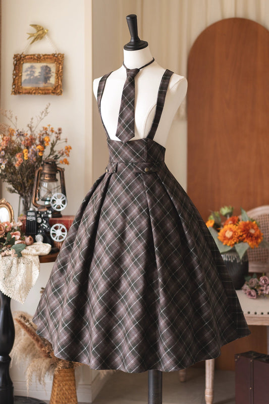British Vintage Elegant Check College Bib Skirt