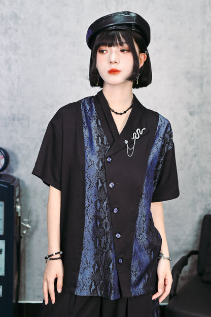 アシンメトリーカラーチャイナスネークプリントシャツ