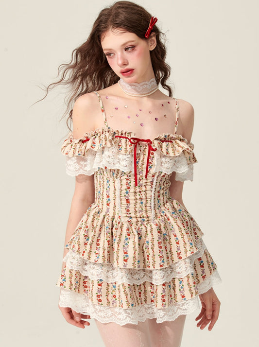 [5월 31일 20시 판매] 샤오예 아이 로즈 올드 내러티브 원숄더 플로럴 원피스 여성용 여름 케이크 드레스