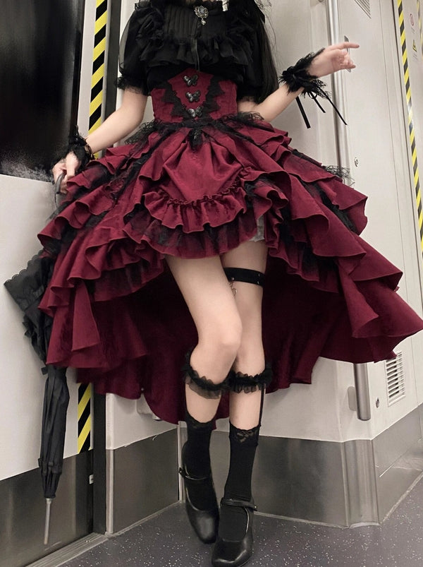 Manner Dark Gothic Style Lolita Shirt + Asymmetrical Ruffle Skirt