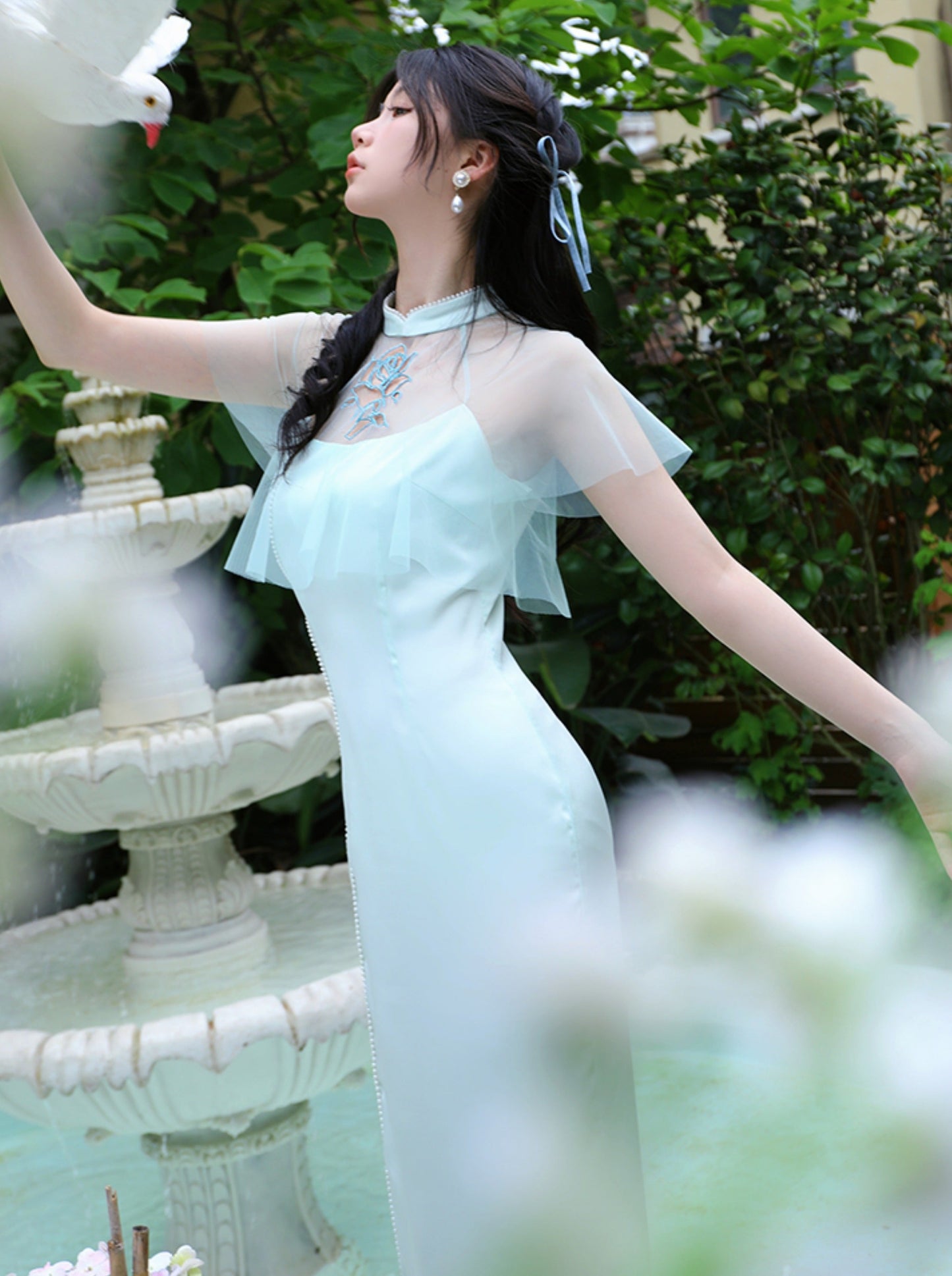Glittering Satin Embroidered Cheongsam Dress