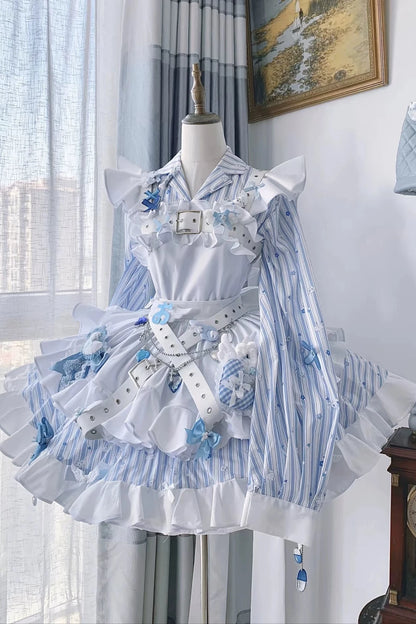 【11月5日予約締切】Blue White Striped Medical Lolita Nurse Sickly Kawaii Dress Suit Full Set (Shirt + Skirt + Apron + Back Ribbon + Leg Covers)