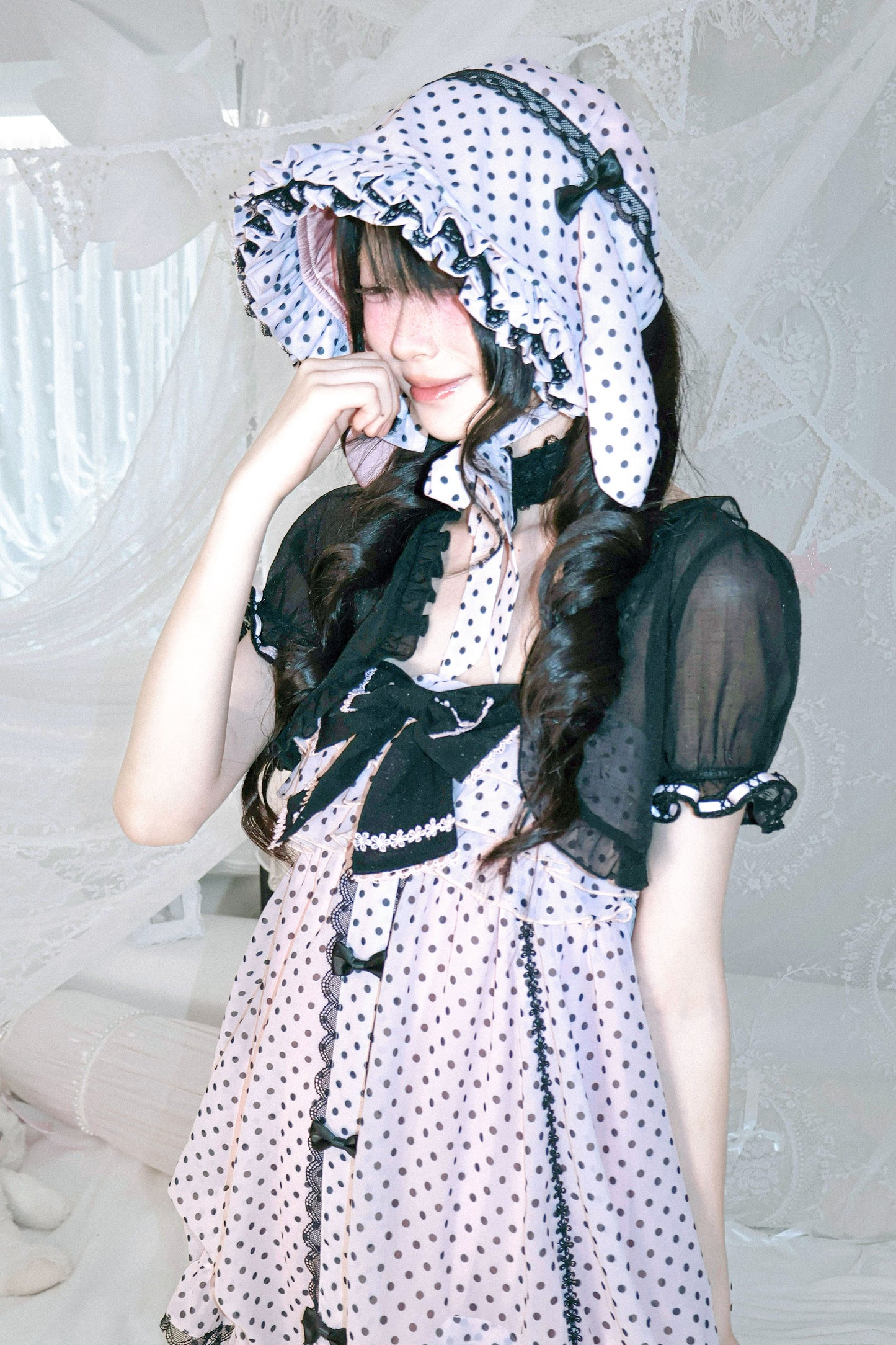 Dot design rabbit ear bonnet