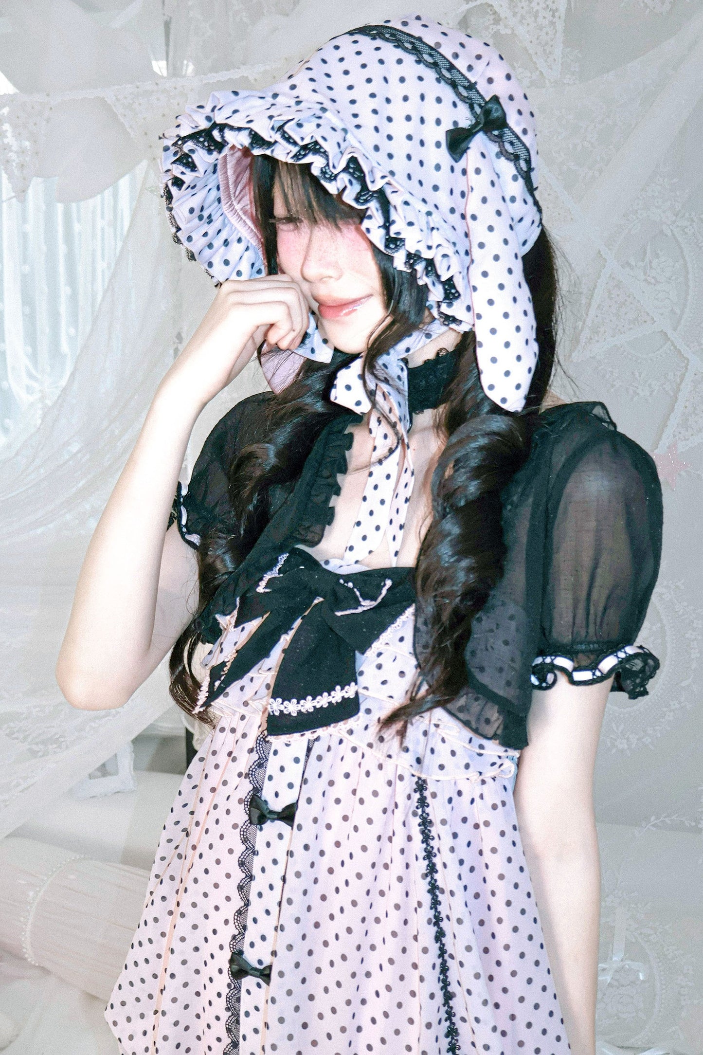 Dot design rabbit ear bonnet