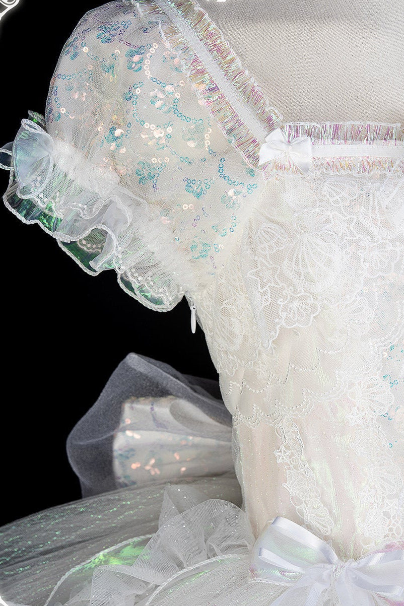 [Reservierungsschluss 1. August] Blau/Weiß/Lila Quallen-Feen-Lolita-Kleid mit Schleifen und Aurora-Schleppe