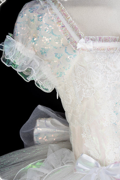 [Reservierungsschluss 1. August] Blau/Weiß/Lila Quallen-Feen-Lolita-Kleid mit Schleifen und Aurora-Schleppe