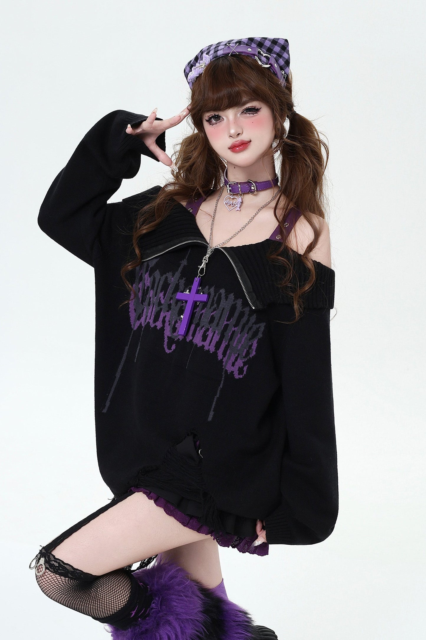 Sub-Black Purple Off-Shoulder Sweater