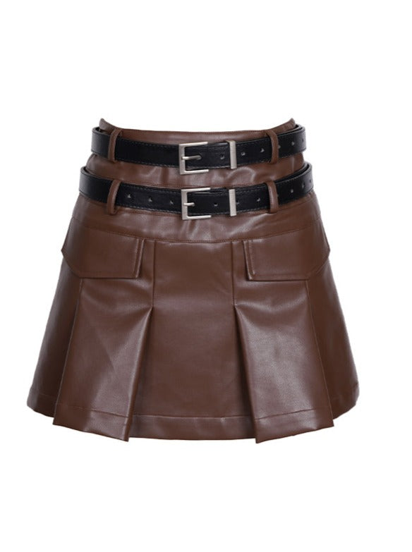 Retro high-end double belt leather skirt