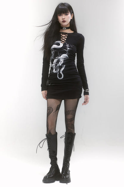 Dark Snake Lace-Up Neck Tight Top