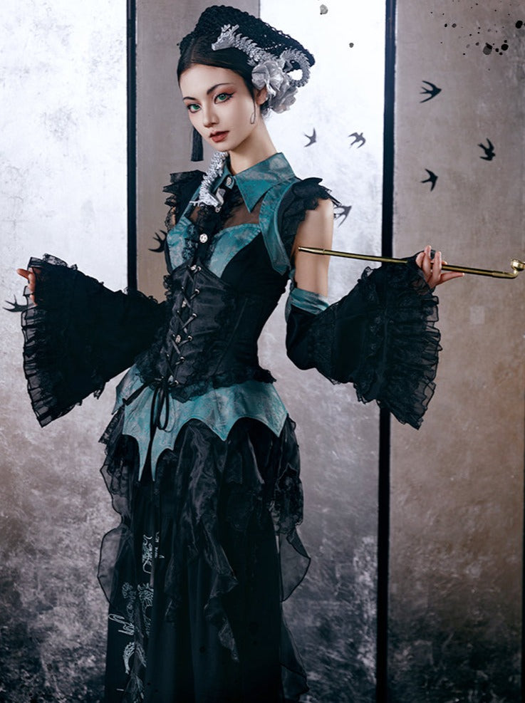 Chinese Gothic Subculture Fishtail Skirt + Top + Waist Corset