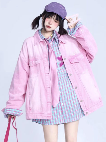 Pink & Blue Wash Gradient Denim Jacket