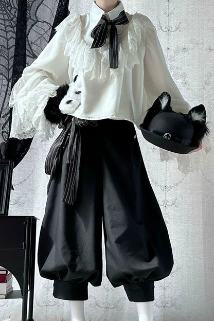 [Pre-order Deadline: September 28] Black Cat Ear Jewel Hat + Black and White Plush Cat Claw Paw Gloves