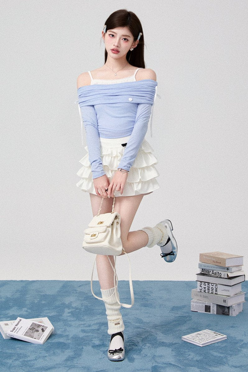 Bowan Shoulder Knit Tops + Pleated Skirt + Ribbon Cake Skirt