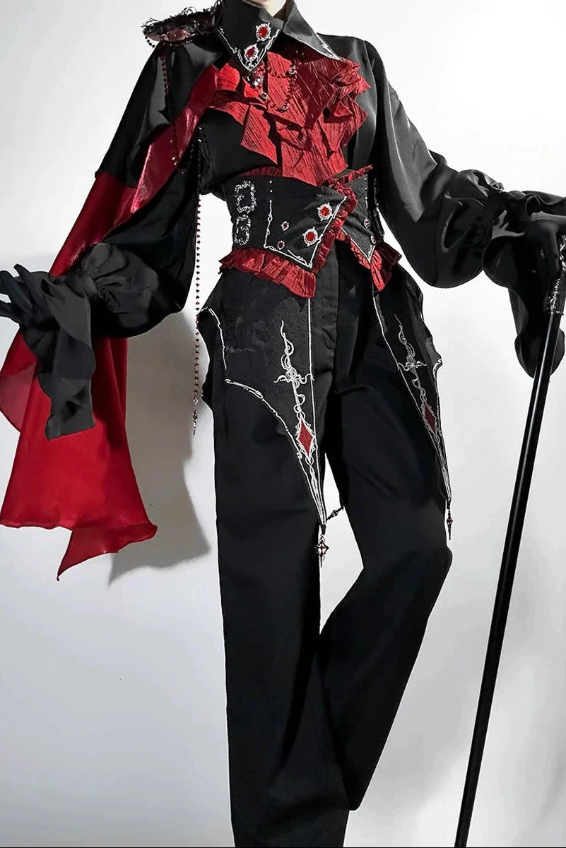 【10月8日予約締切】Ouji Fashion Black Red Gothic Ruffle Prince Lolita Full Set(Jewel Chain Ruffle Jabot Shirt + Rose Accessory Gothic Embroidered Corset Belt + Black Wide-Leg Pants + Rose Beaded One-Shoulder Cape)