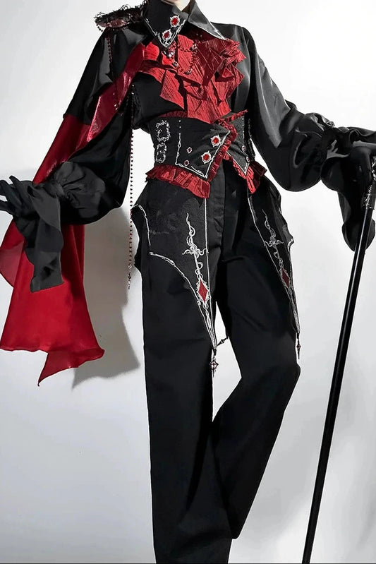【10月8日予約締切】Ouji Fashion Black Red Gothic Ruffle Prince Lolita Full Set(Jewel Chain Ruffle Jabot Shirt + Rose Accessory Gothic Embroidered Corset Belt + Black Wide-Leg Pants + Rose Beaded One-Shoulder Cape)