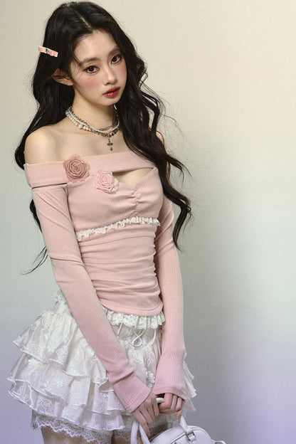 Pinky Sweet Off-the-shoulder Flower Tops