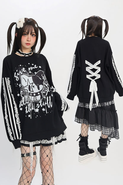 Bag Lace-up Design Loose Dark Top