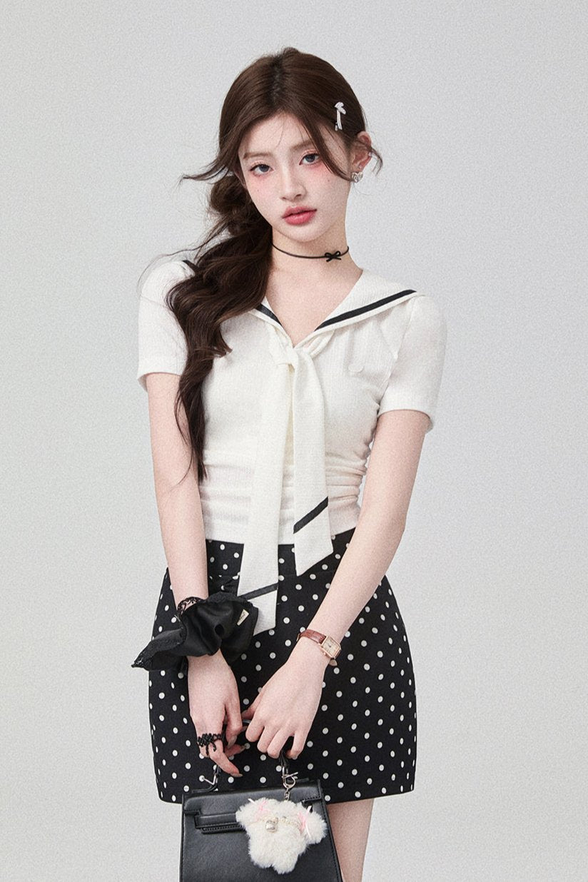 Sailor Kara Sweet Bow Knit Top + Black Skirt