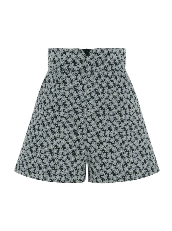 フレンチレトロブルーラッフルシャツ＋ジャカードショートパンツ