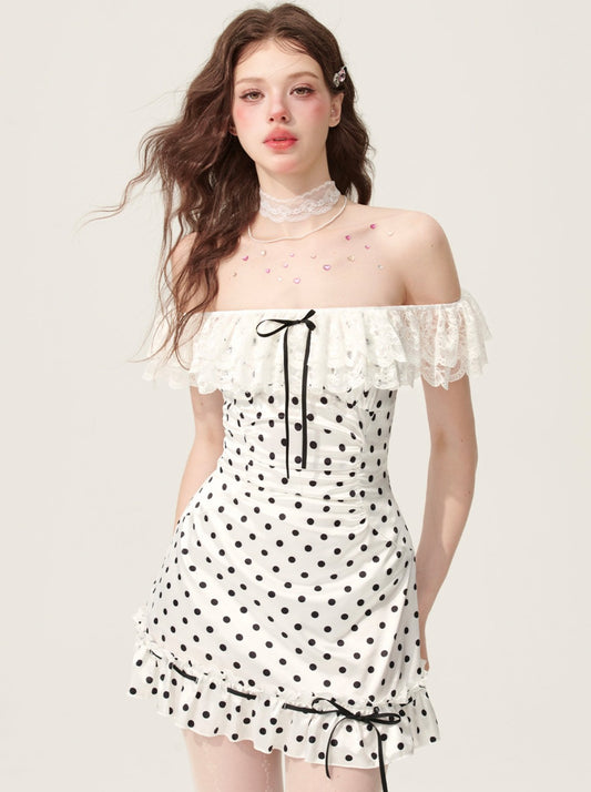 [May 31 at 20 o'clock on sale] less eye moonlight sonata one-line shoulder polka dot lace design dress