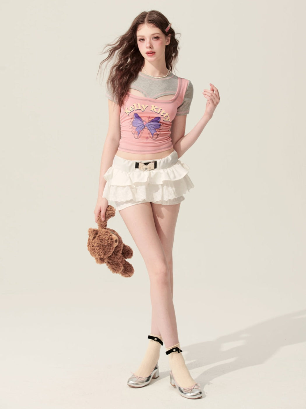 [5월 31일 20시 판매] 샤오도 눈 연인 vntage 가짜 두 개의 핑크색 티셔츠 여성용 여름 어깨