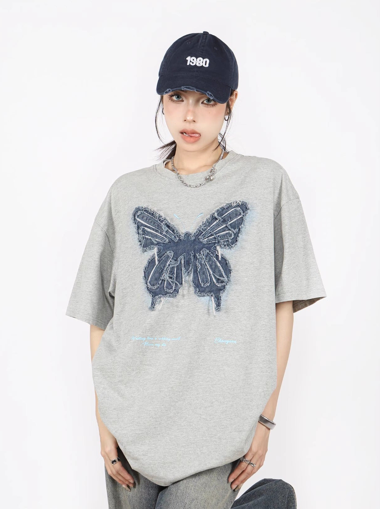 American Retro Butterfly Ergain Broy Dary Over -size T -shirt