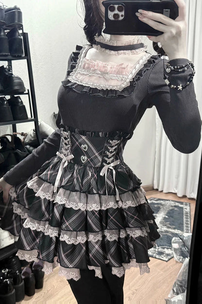 [Pre-order Deadline: October 30] Black Pink Lace Trim Square Neck Choker Design Knit Top + Lace Trim Plaid Tiered Skirt