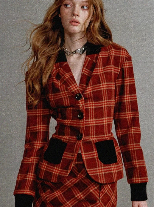 American Retro Red Check Blazer Skirt Two Piece Suit