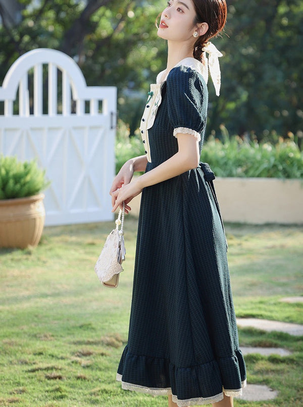 フレンチスタイルフラワースクエアカラーミドルドレス