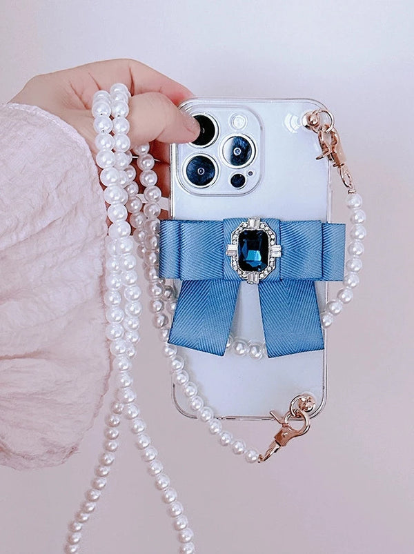 Pearl Chain Rhinestone Blue Ribbon Phone Case