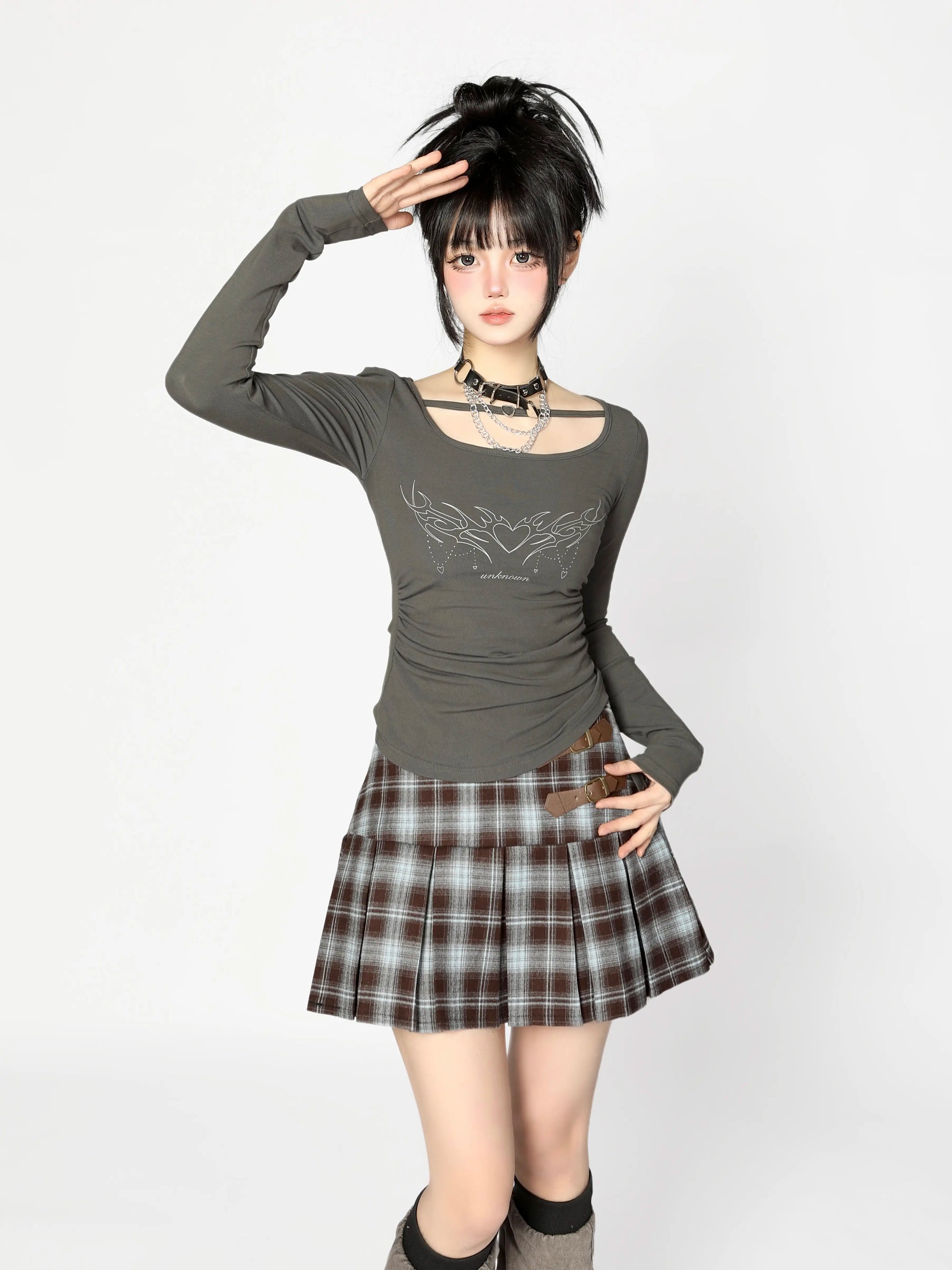 ダークパンクレザーバックルチェックプリーツスカート – Belchic ダークパンクレザーバックルチェックプリーツスカート – Belchic