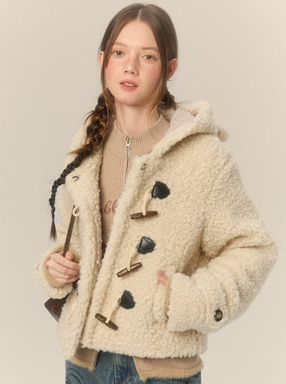 Bear Hooded Horn Button Short Lamb Wool Coat