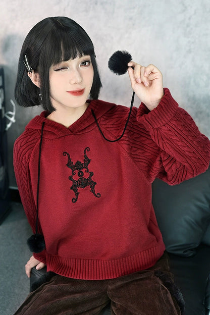 フーバットダークレッドニットフードパーカー