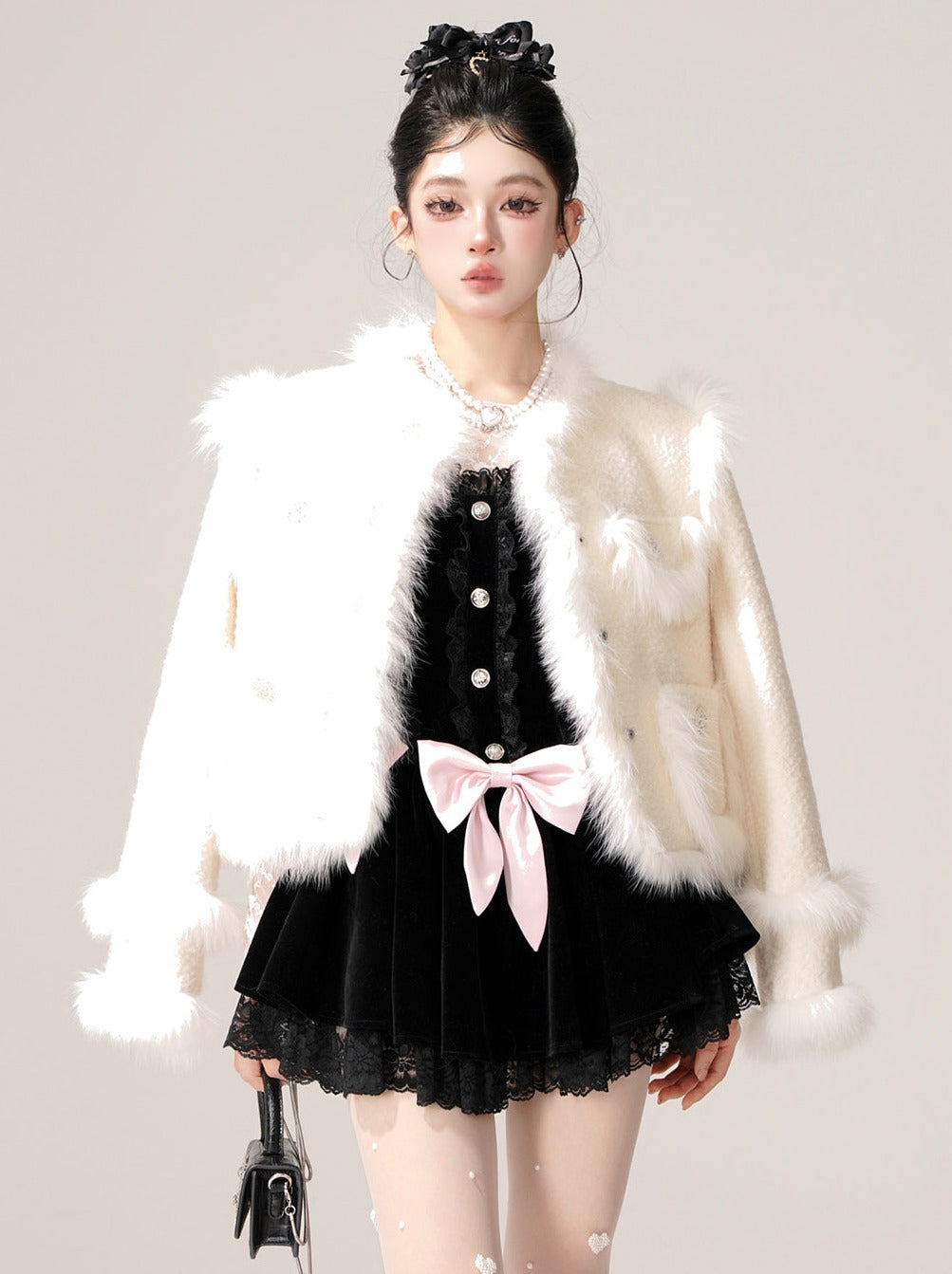 Sweet Tea Snow Fox Fur Apricot Tweed Jacket [Reserved Item].