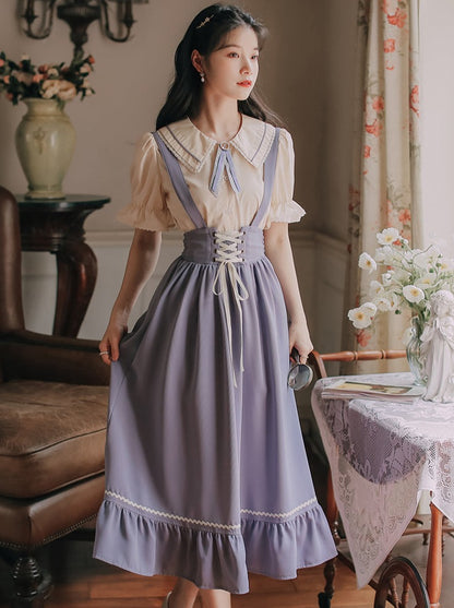 Doll Collar Shirt + Lace-up Suspender Skirt