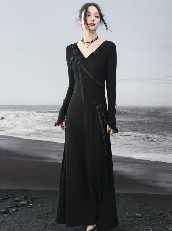 スリムモードVネックニットドレス