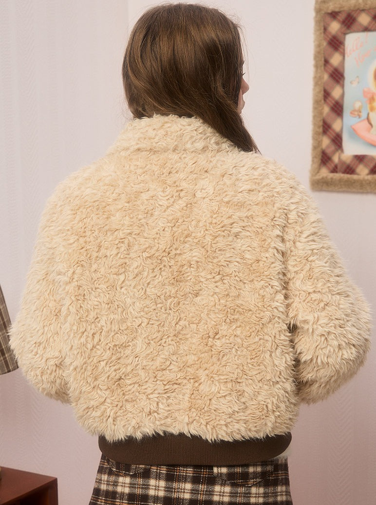 Neck Belt Lapel Lamb Wool Short Boa Coat