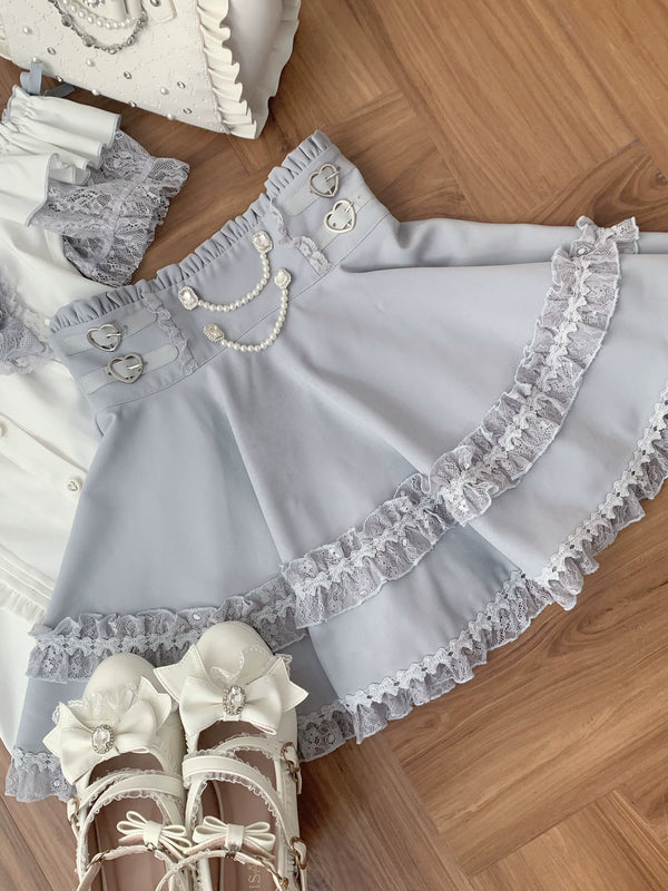 [Pre-order Deadline: August 30] Blue and White Lace Sailor Gothic Open-Shoulder Short-Sleeve Ribbon Shirt + Pearl Chain Frill Skirt