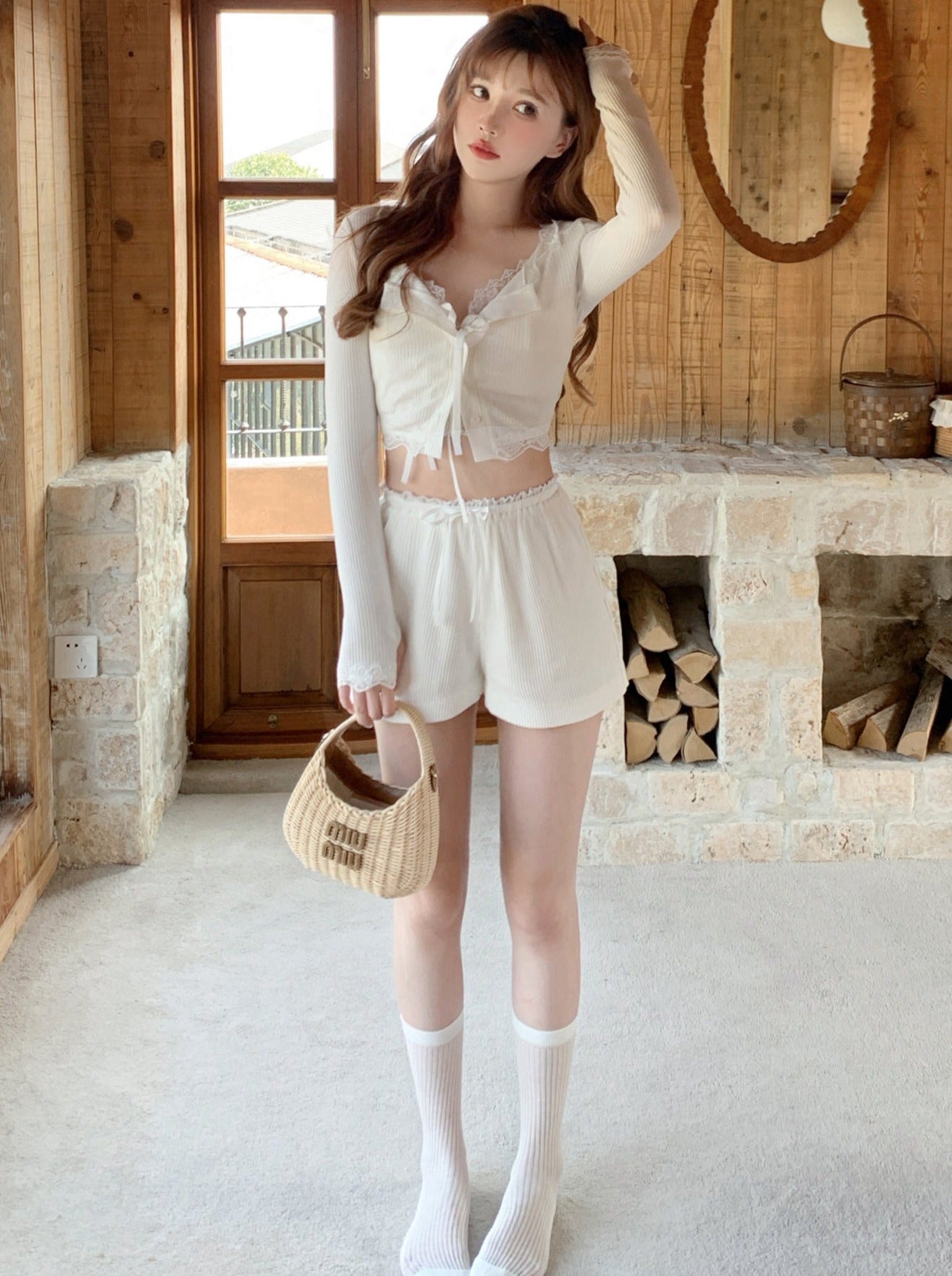 Creamy white cardigan + camisole + shorts