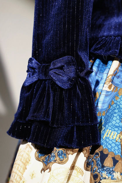 [Reservation Deadline: November 6] Navy Blue/Brown Classic Italian Travel Diary Lolita Silver Thread Velvet Stripe Ribbon Frill Jacket