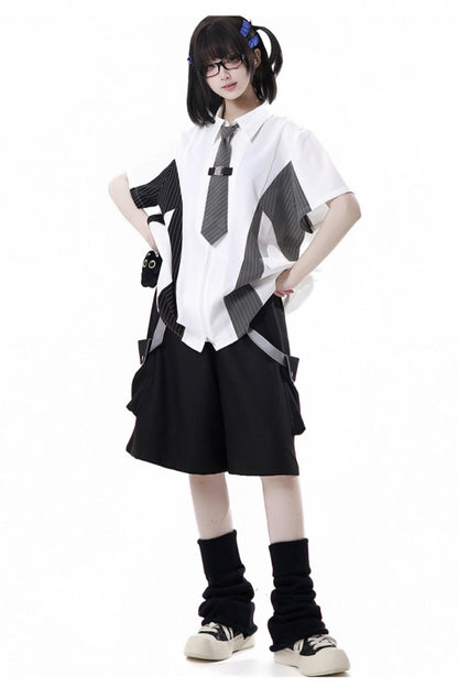 Casual stripe stitch design shirt + hooded shirt + + half pants + culottes + tie