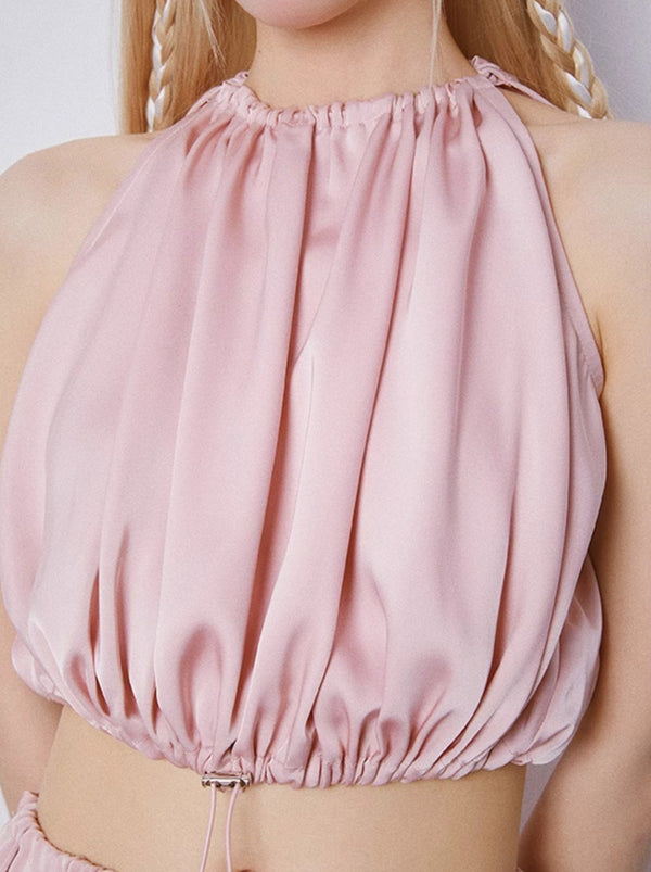 Premium Sweet Acetate Satin Drawstring Sleeveless Top + Skirt