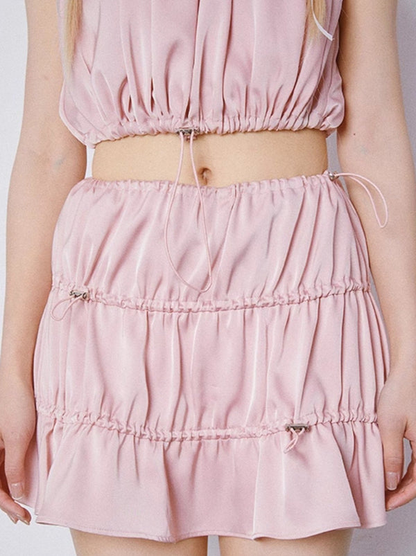 Premium Sweet Acetate Satin Drawstring Sleeveless Top + Skirt