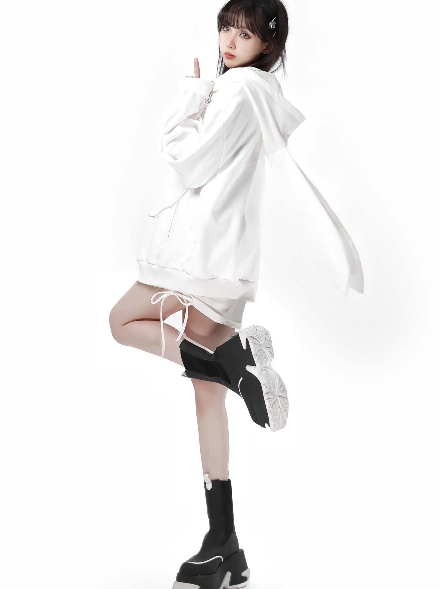 Spider Web Rabbit Ear Chain Strap Hoodie + Slim Suspender Dress