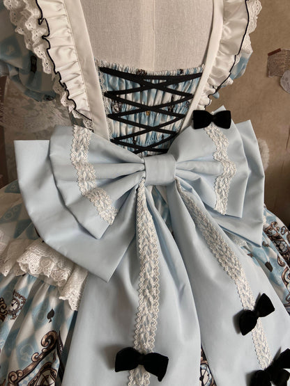 [Reservierungsschluss 30. Juni] Blaue x weiße Alice-im-Wunderland Sweet-Lolita-Accessoires-Serie (Hasenohren-Hut, Hasenohren-Haarreif, Halsband, Taschenuhr-Brosche, rückseitige Schleppen-Schleife, Handgelenkstulpen)