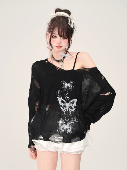 Butterfly Dark Damaged Loose Top