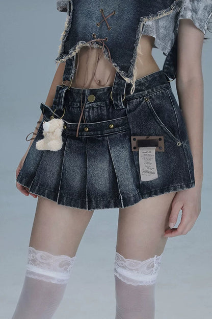 Y2Kスターデニムオーバーオールスカート+インナートップス