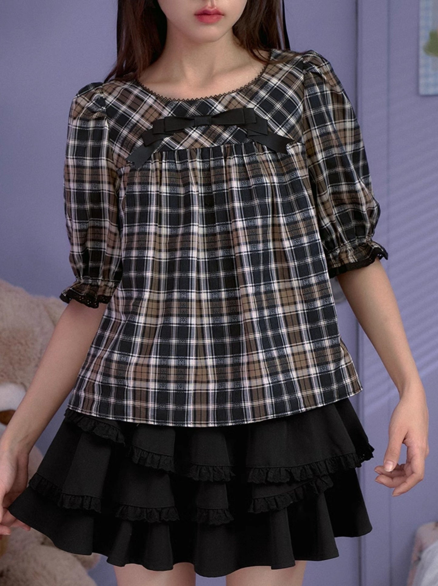 Dark Check Retro Ribbon Top