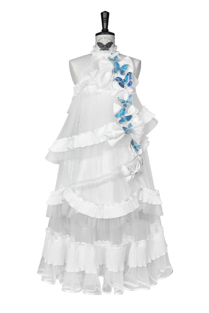 [Pre-order Deadline: October 14] Black/White Gothic Lolita Blue Butterfly Bow Tulle Ruffle Layered Halter Dress